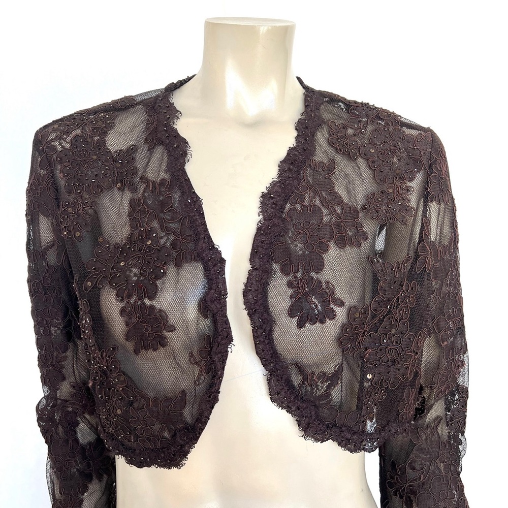Vintage Handmade Dark Brown Elegant Black Lace Bolero Jacket